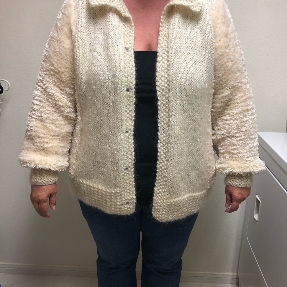 Hand Knit Cardigan Sweater Ivory & Silver Sz 1X
